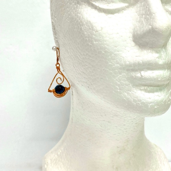 HANDMADE Vintage Faceted Glass Bead HandWrapped Pure Bare Copper Modern Earrings - Picture 3 of 10